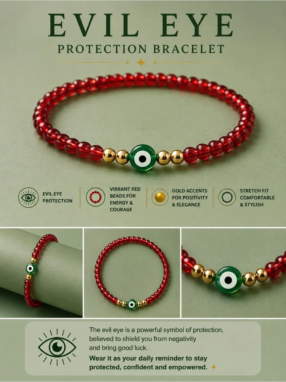 Evil Eye Protection Bracelet - Vibrant Red Beads with Gold Accents #01